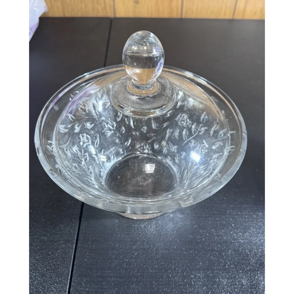 Vintage KIG Indonesia Clear Pressed Glass Covered Bowl Leaf‎ Branch Pattern 7